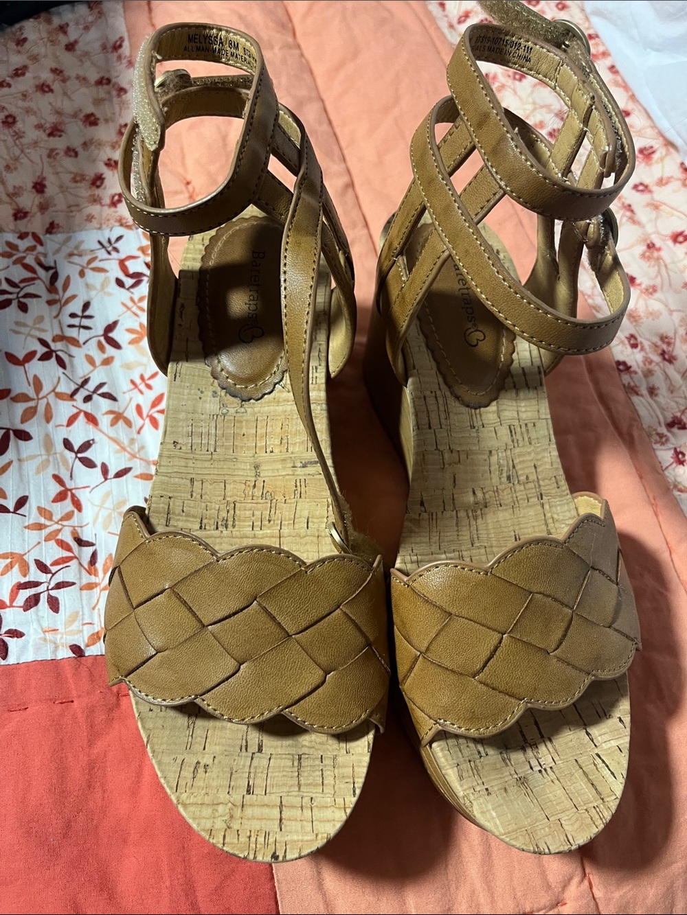 BareTraps Tan Woven Cork Wedge Sandals